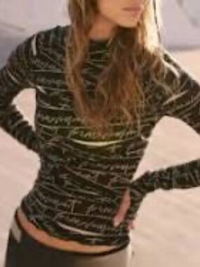 Free People FP Movement High Jump Printed Long Sleeve Top, Black, XS